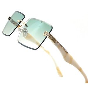 Classic Elegant Sophisticated Modern SUNGLASSES Rimless Gold Frame‎ Green Lens